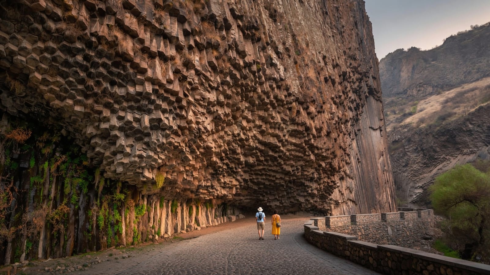 Two distant travelers walking beneath the basalt columns at the Symphony of Stones, Armenia